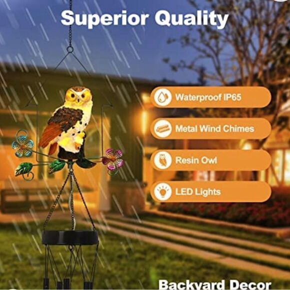 Solar OWL Wind-chimes. Outdoor decor solar powered lights up at night. - Picture 4 of 14